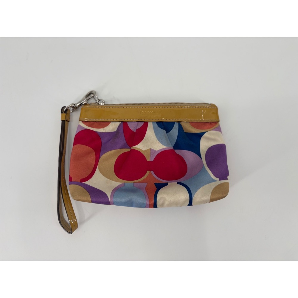 Coach Multicolor poppy C Optic Print Wristlet Tan Patent Leather Trim Bag